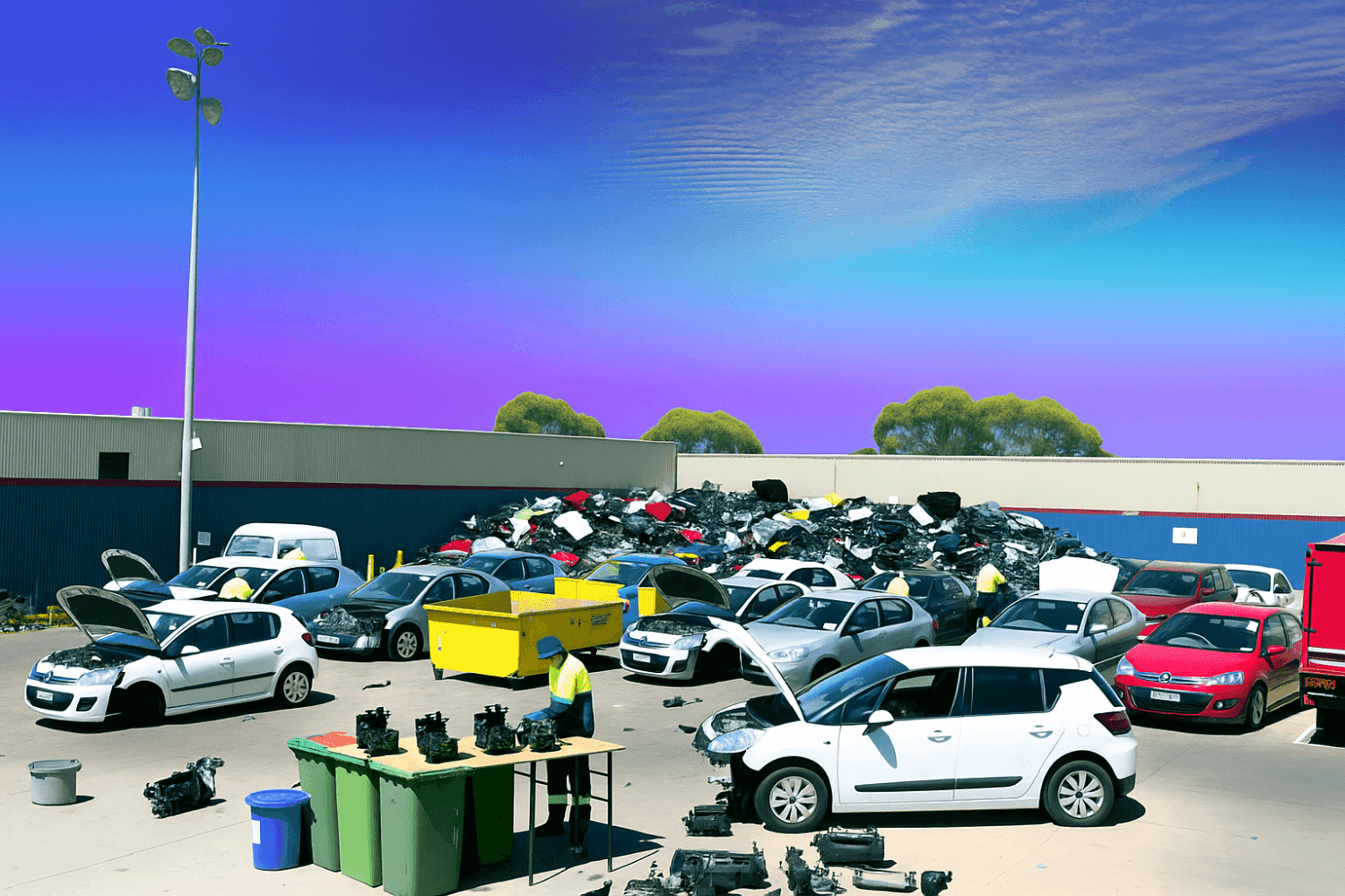 Busy Citroen Car Wrecker Yard Showcasing Dismantling Process Busy Citroen Car Wrecker Yard Showcasing Dismantling Process