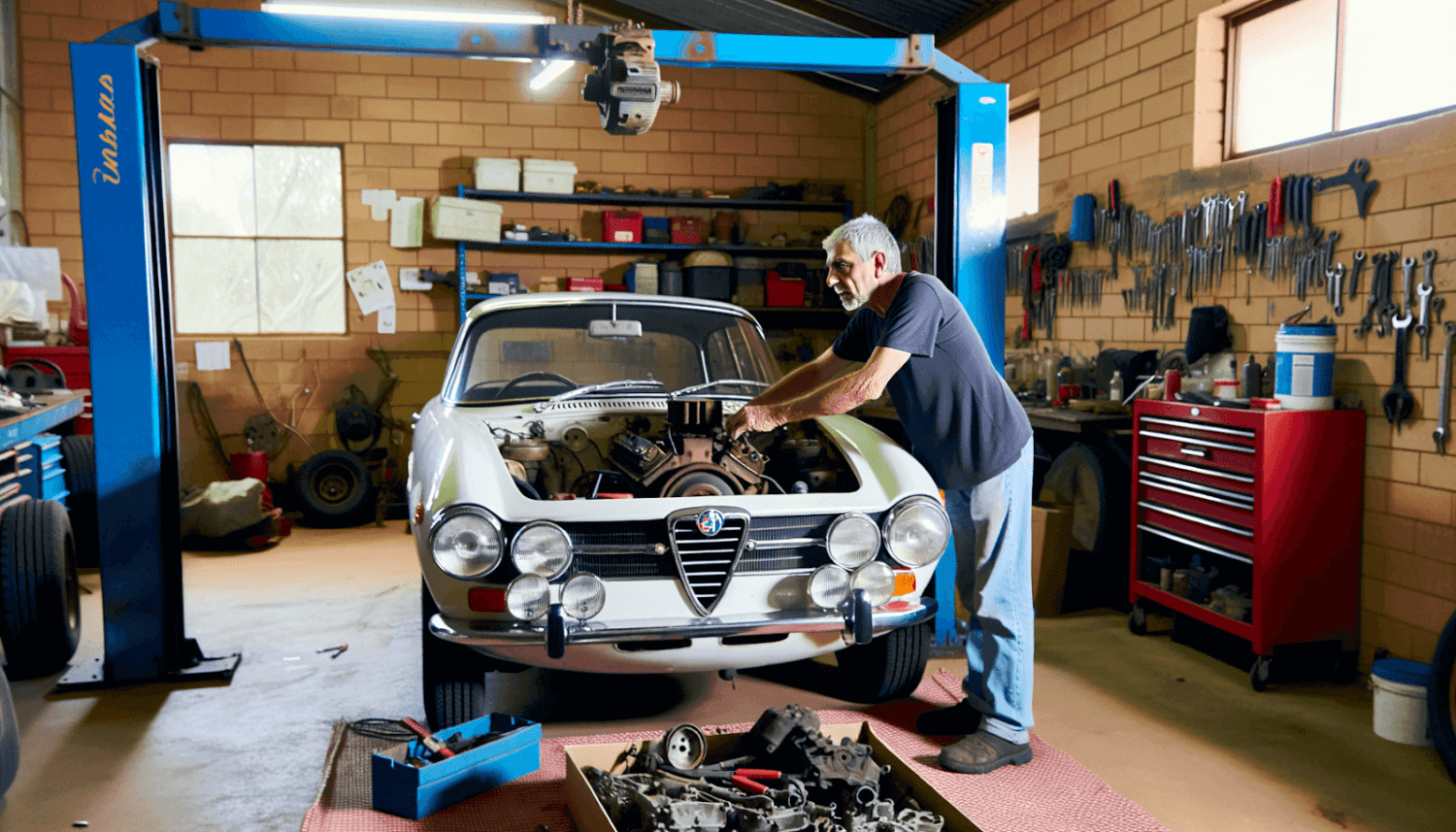 Repairing Classic Alfa Romeo in Garage
